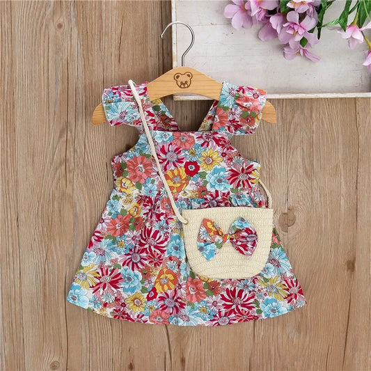 Girls’ Full Print Flower Halter Dress Outfit Set