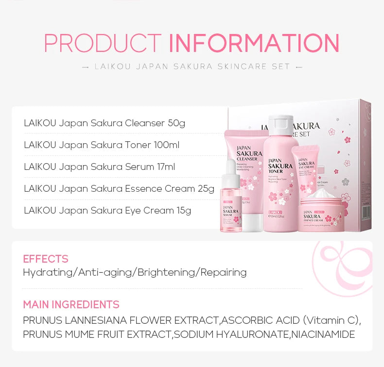 Sakura Glow: LAIKOU 5-Piece Skin Care Set for Radiant Skin