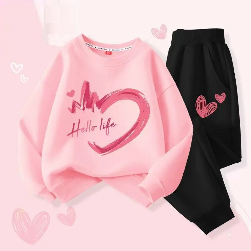 Heart Print Tracksuit: Sweet & Stylish for Little Girls