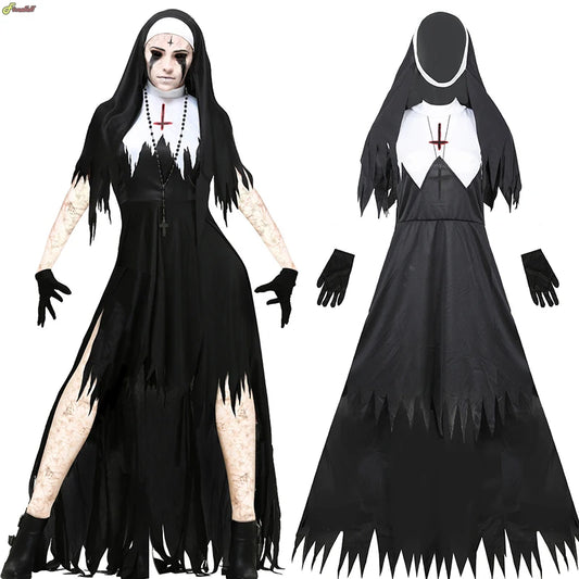 Chilling 4-Piece Nun Costume – Scary Mother Cosplay for Halloween Fun!