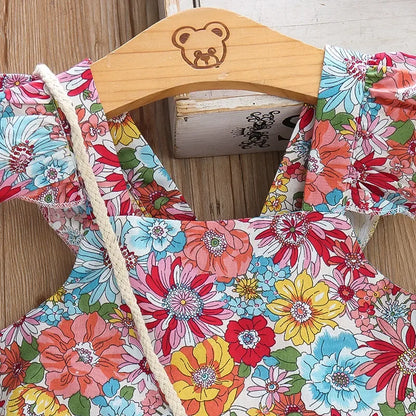 Girls’ Full Print Flower Halter Dress Outfit Set