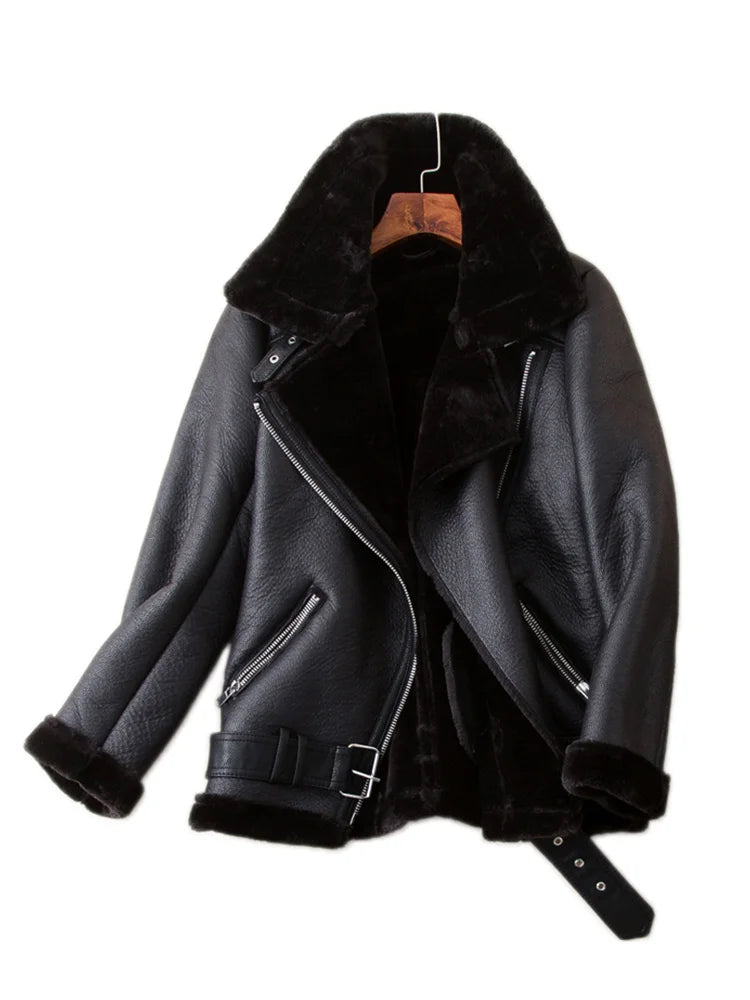 Thick Faux Leather Fur Coat – Winter Aviator Style