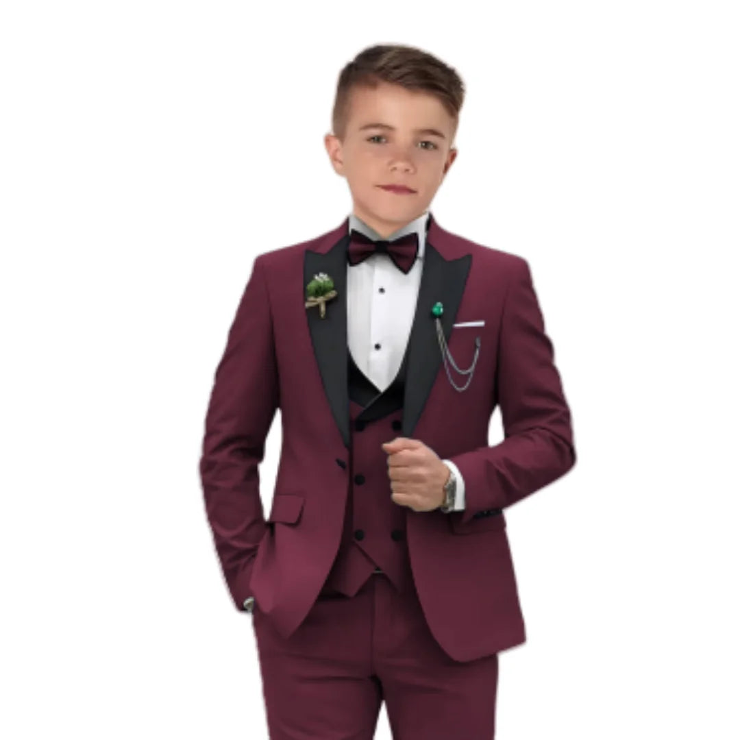Elegant Burgundy Boy’s 3-Piece Suit – Blazer, Vest & Pants for Weddings or Photoshoots