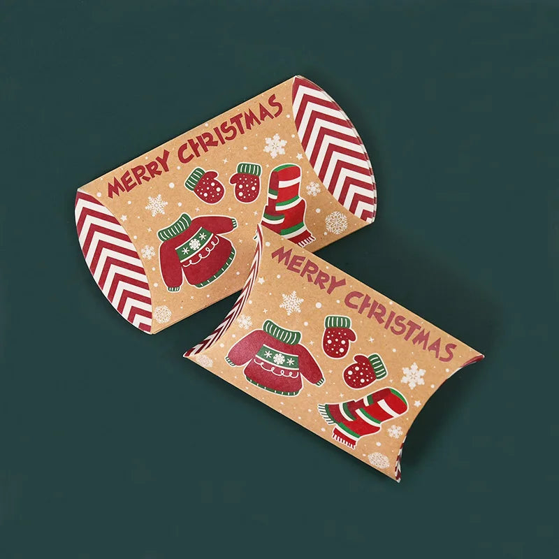 10pcs Christmas Pillow-Shaped Gift Boxes – Kraft Paper Candy & Cookie Packaging