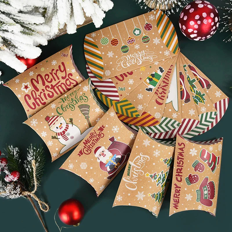 10pcs Christmas Pillow-Shaped Gift Boxes – Kraft Paper Candy & Cookie Packaging