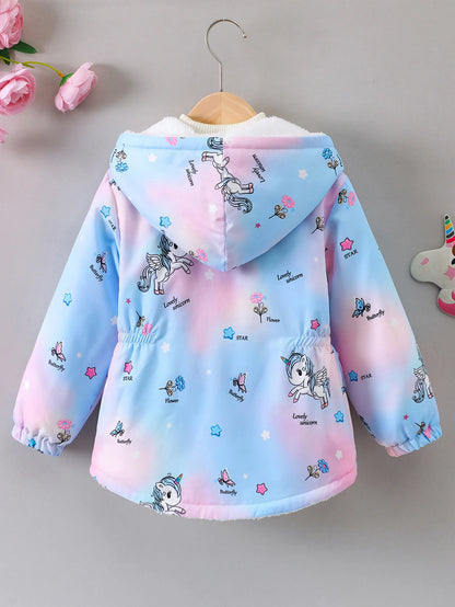 Girls’ Plush Hooded Coat – Cartoon Print & Zipper