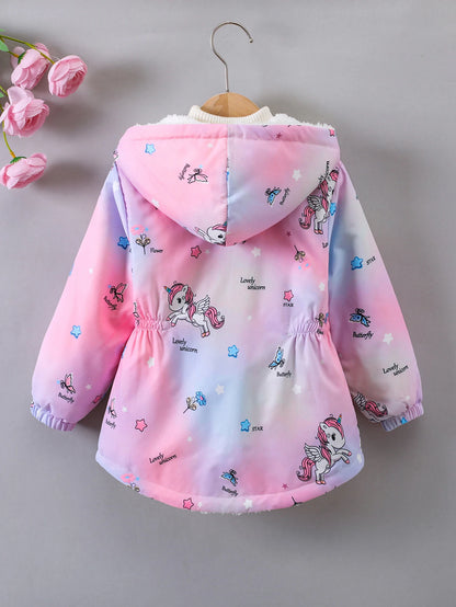 Girls’ Plush Hooded Coat – Cartoon Print & Zipper