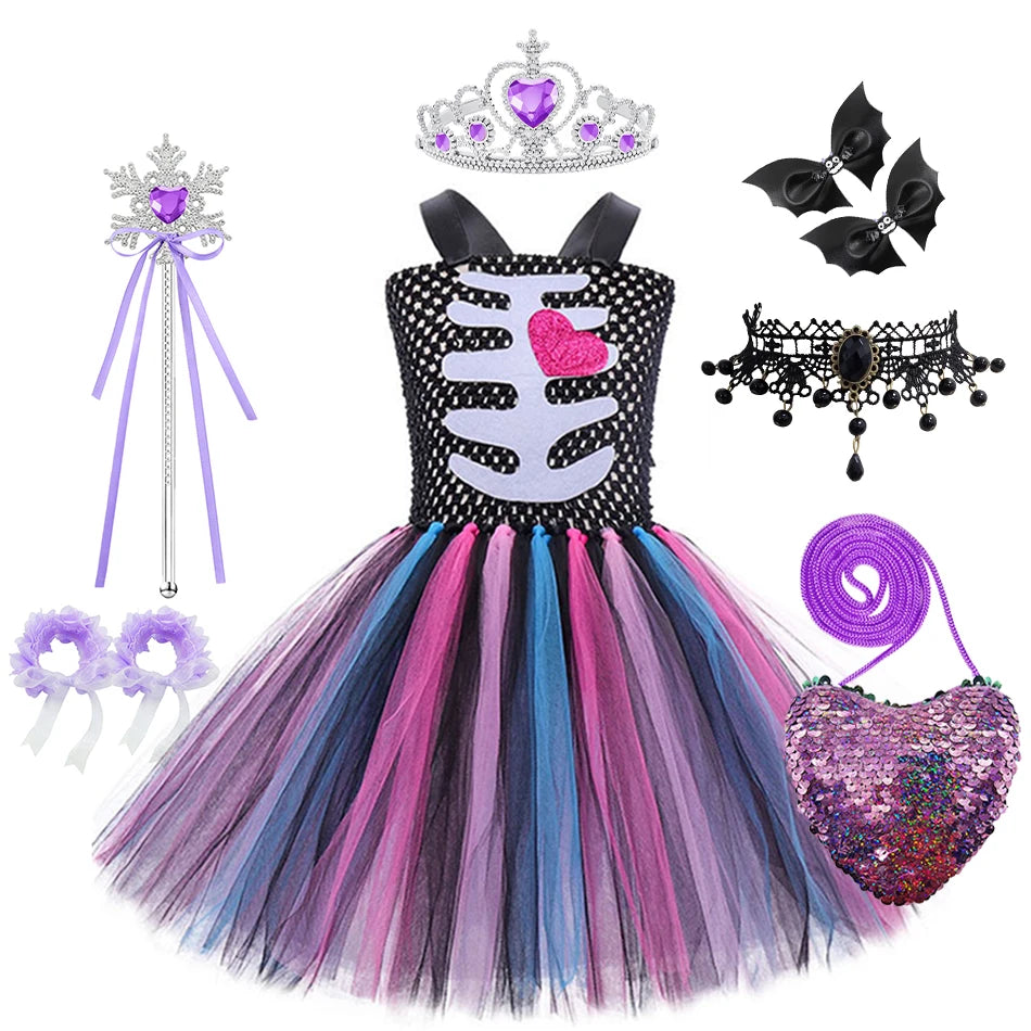 Girls Halloween Performance Outfit – Skull & Floral Tutu