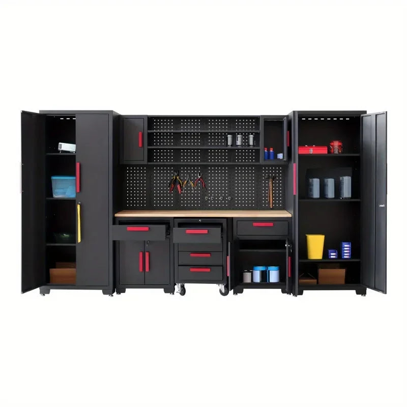 9-Piece Garage Tool Storage Cabinet Set with Pegboard & Wooden Worktop – Ultimate Workshop Organization System