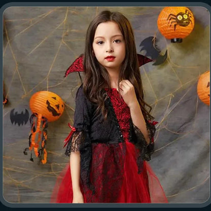 Girls Red & Black Vampire Costume – Halloween Gothic Party Dress