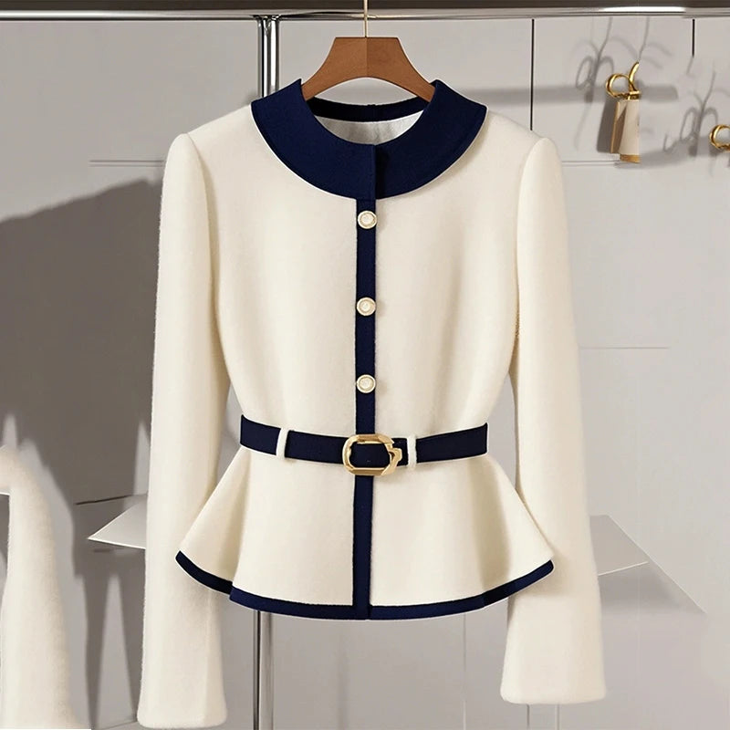 High-End Waistline Knit Coat – Single-Breasted Style