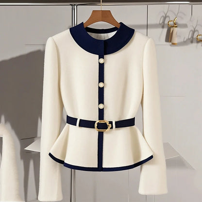 High-End Waistline Knit Coat – Single-Breasted Style