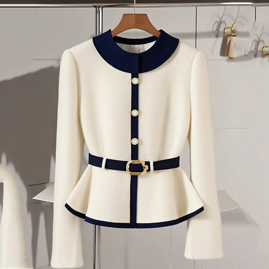 High-End Waistline Knit Coat – Single-Breasted Style