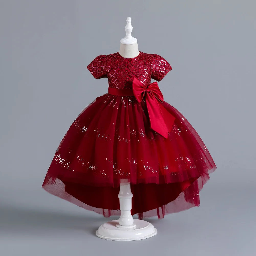Kids’ Sequin Dress – High-Low Puffy Tutu with Bow Belt