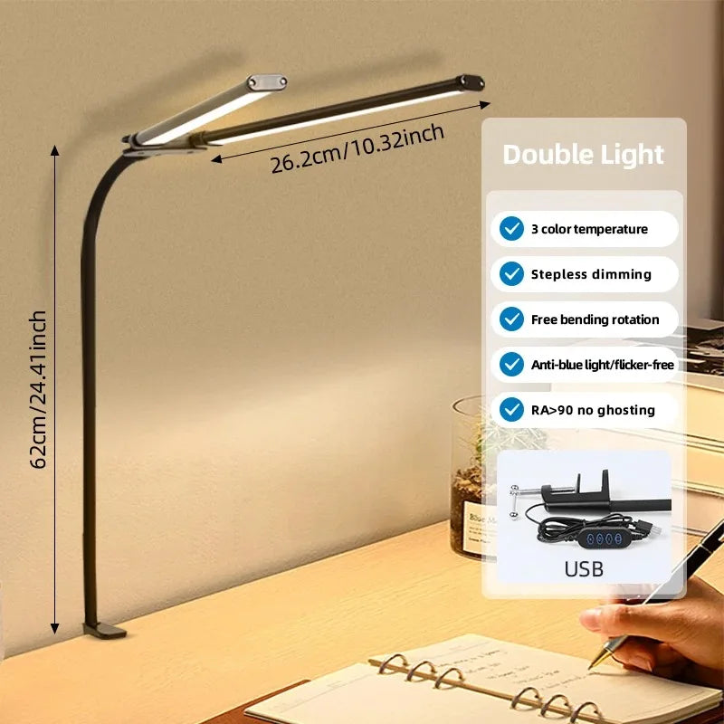 LED Desk Lamp: Single/Double Head, Dimmable, Eye-Care, 3 Color Modes