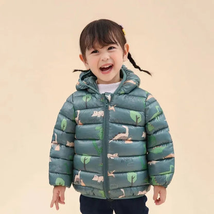 Adorable Kids' Hooded Down Jackets – Lightweight, Warm, and Dino-Fun