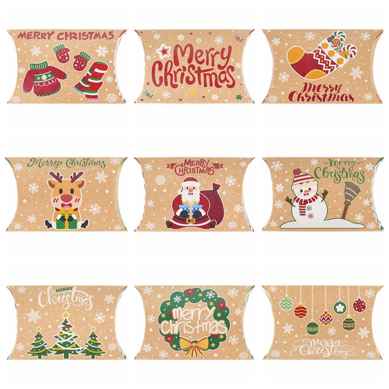 10pcs Christmas Pillow-Shaped Gift Boxes – Kraft Paper Candy & Cookie Packaging