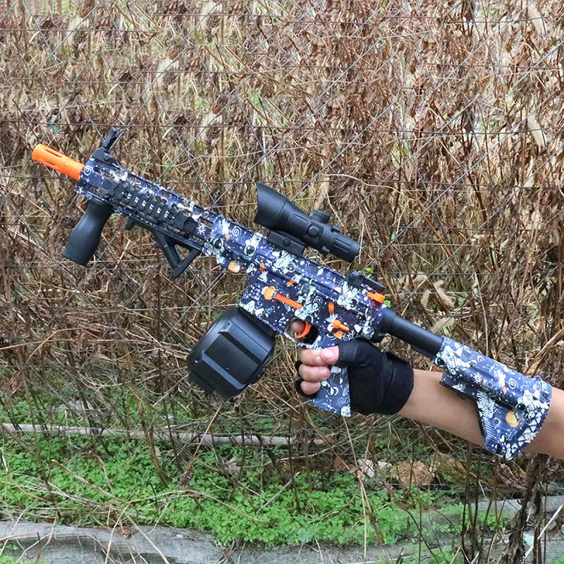 Ultra Shoppings M416 Electric Ball Blaster toy gun in automatic mode, suitable for outdoor shooting games and holiday gifts.