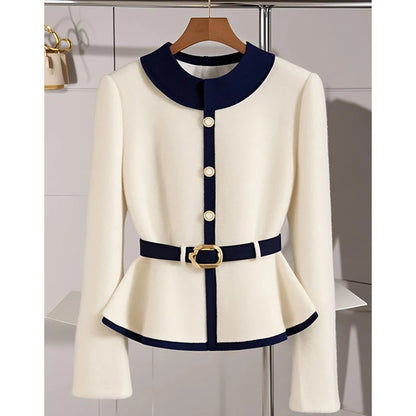 High-End Waistline Knit Coat – Single-Breasted Style