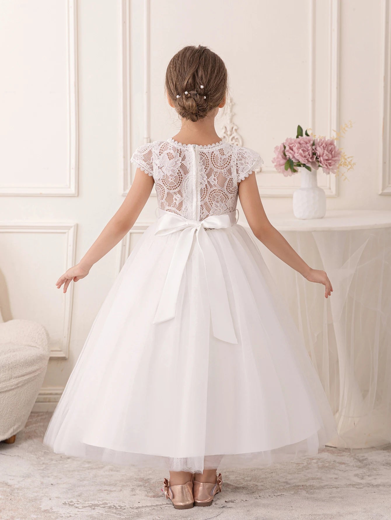 Girls’ Long White Gauze Lace Party Dress