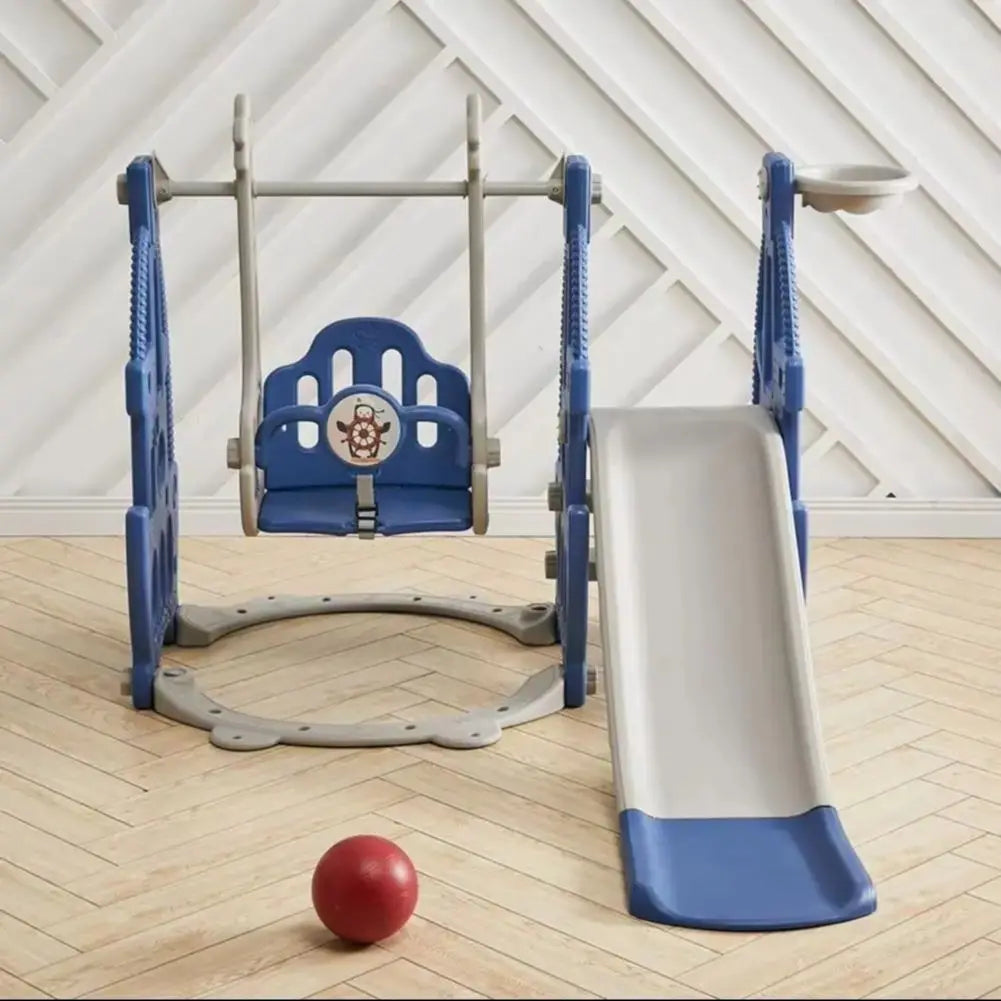 3-in-1 Kids Slide, Climber & Swing Set with Basketball Hoop – Blue Play Center!