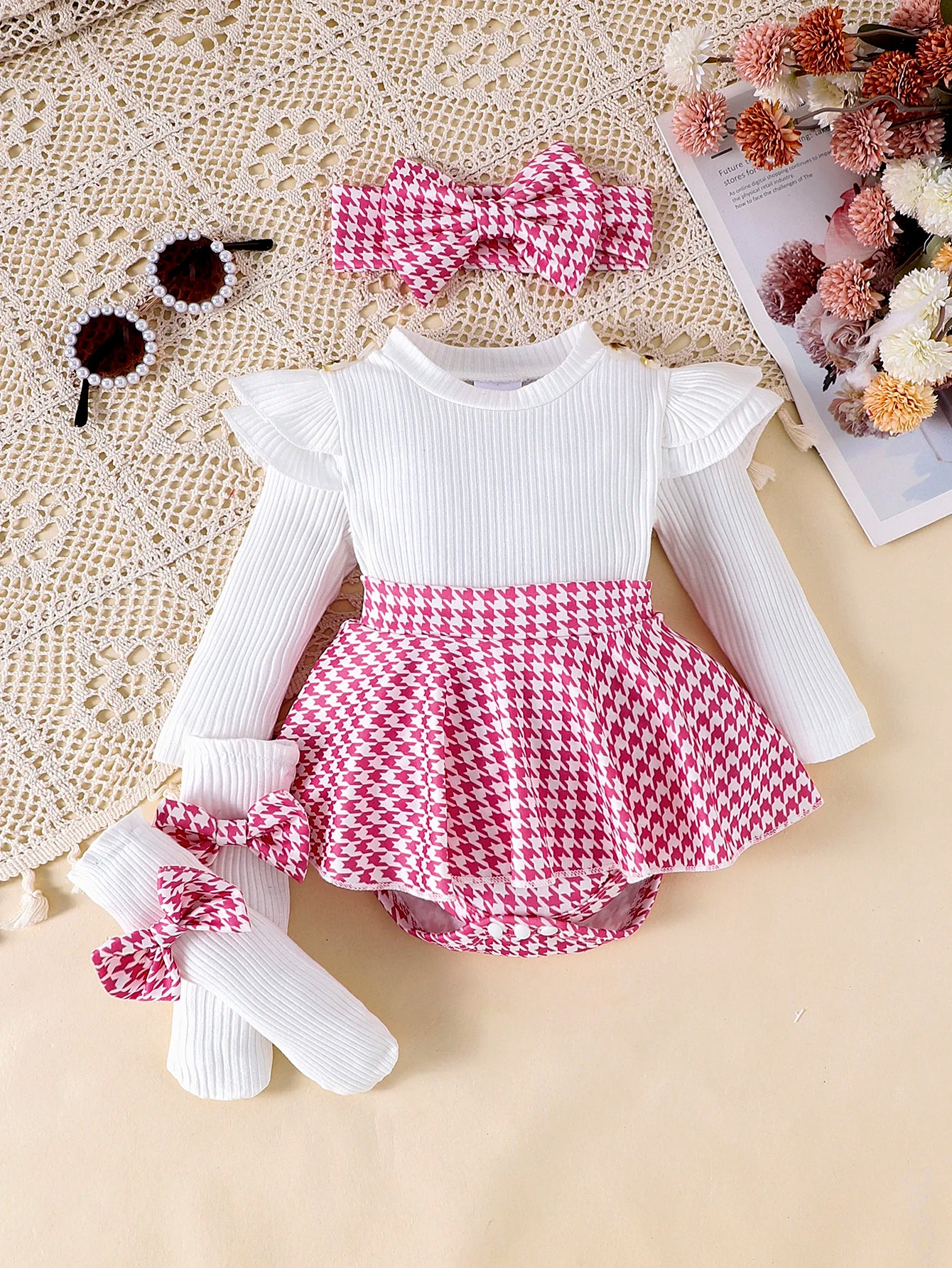 2PCS Autumn Set for Baby Girls – Black Top, Houndstooth Skirt & Hair Band