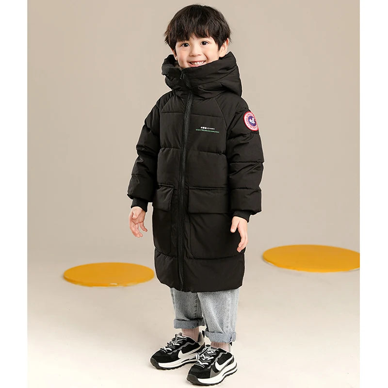 Autumn & Winter Boys Hooded Jacket - Solid Color Long Style, Warm & Cozy for Kids - Perfect Birthday Gift!