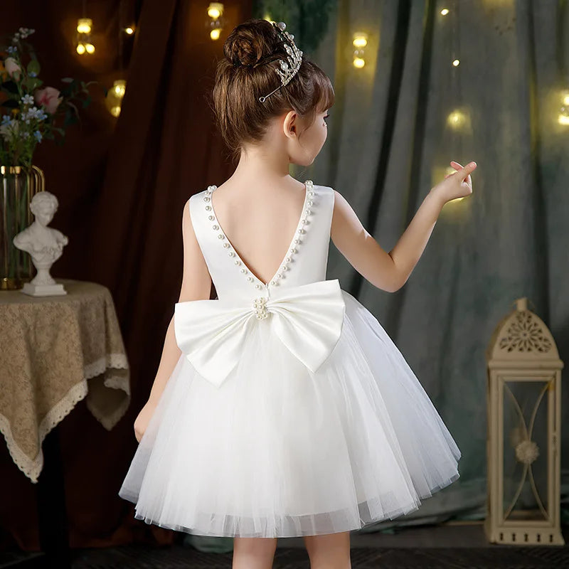 Kids Birthday Princess Dress with Bow & Pearls