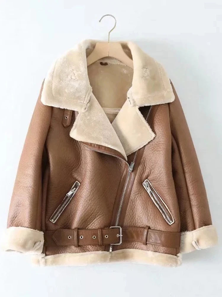 Thick Faux Leather Fur Coat – Winter Aviator Style