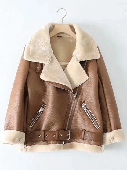 Thick Faux Leather Fur Coat – Winter Aviator Style