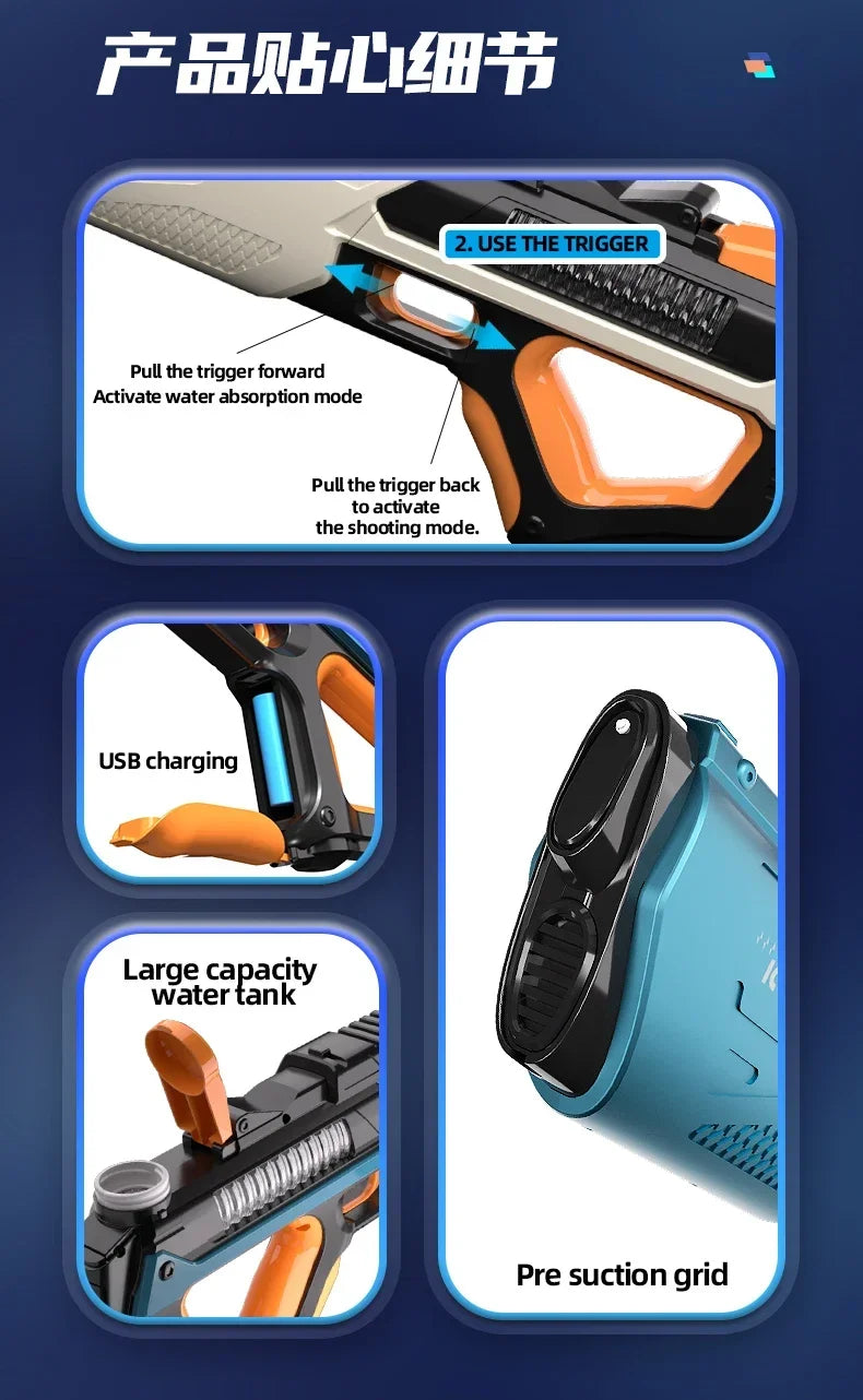 Full electric automatic water gun toy for kids, portable summer beach water fight game by Ultra Shoppings, ideal for outdoor fun.