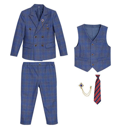 Boys’ 3-Piece Plaid Suit – Blazer, Vest & Pants (1–14Y)