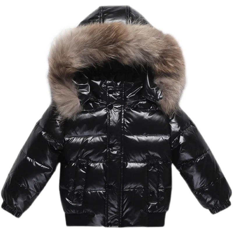 Shiny Waterproof Kids' Down Parka – Real Fur Hood