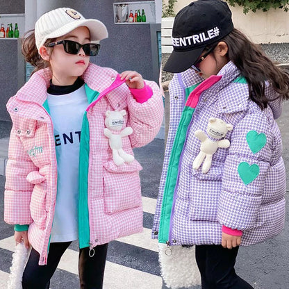 Warm Grid Design Jacket for Girls – Bonus Bear Toy 2025