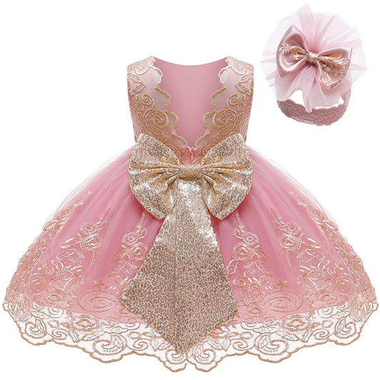 Baby Girl Lace Princess Dress with Big Bow – 3-24M