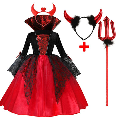 Girls Red & Black Vampire Costume – Halloween Gothic Party Dress