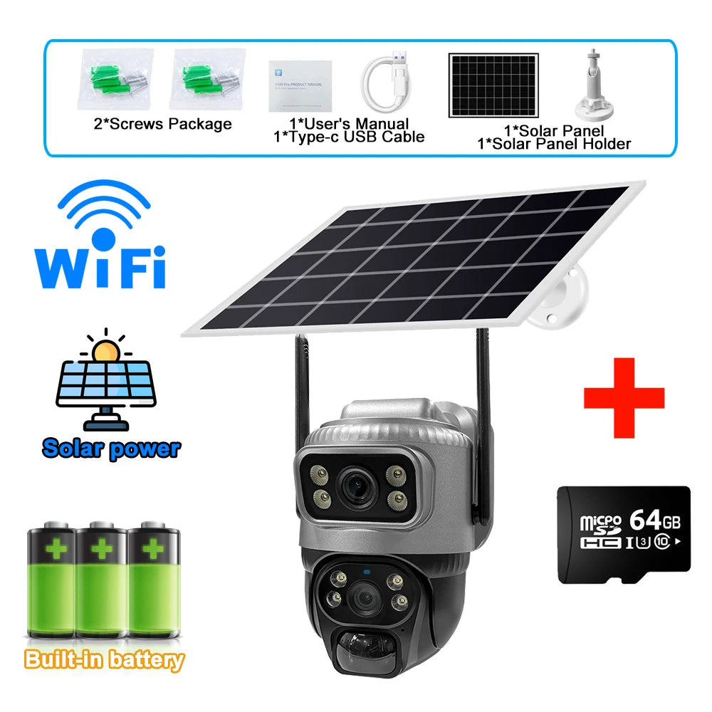 8MP 4K Solar Security Camera | 4G/WiFi | Dual Lens | PIR Motion | Night Vision