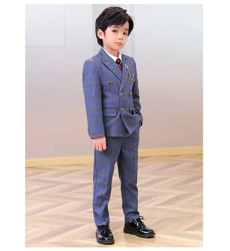 Boys’ 3-Piece Plaid Suit – Blazer, Vest & Pants (1–14Y)