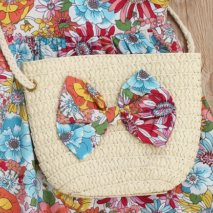 Girls’ Full Print Flower Halter Dress Outfit Set