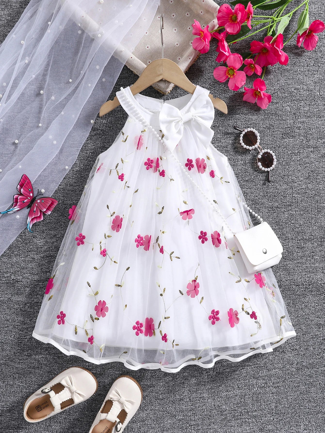 Girls' Summer Halter Dress with 3D Flowers & Bag