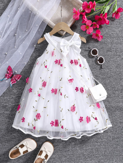 Girls' Summer Halter Dress with 3D Flowers & Bag