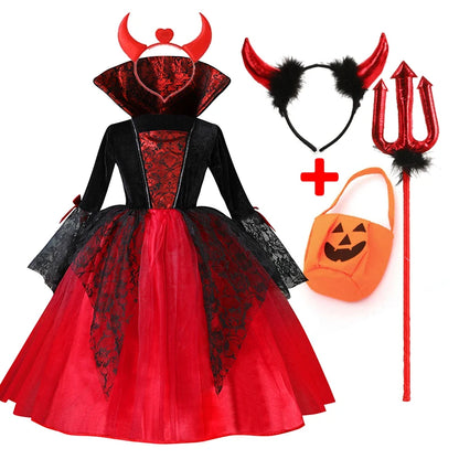 Girls Red & Black Vampire Costume – Halloween Gothic Party Dress