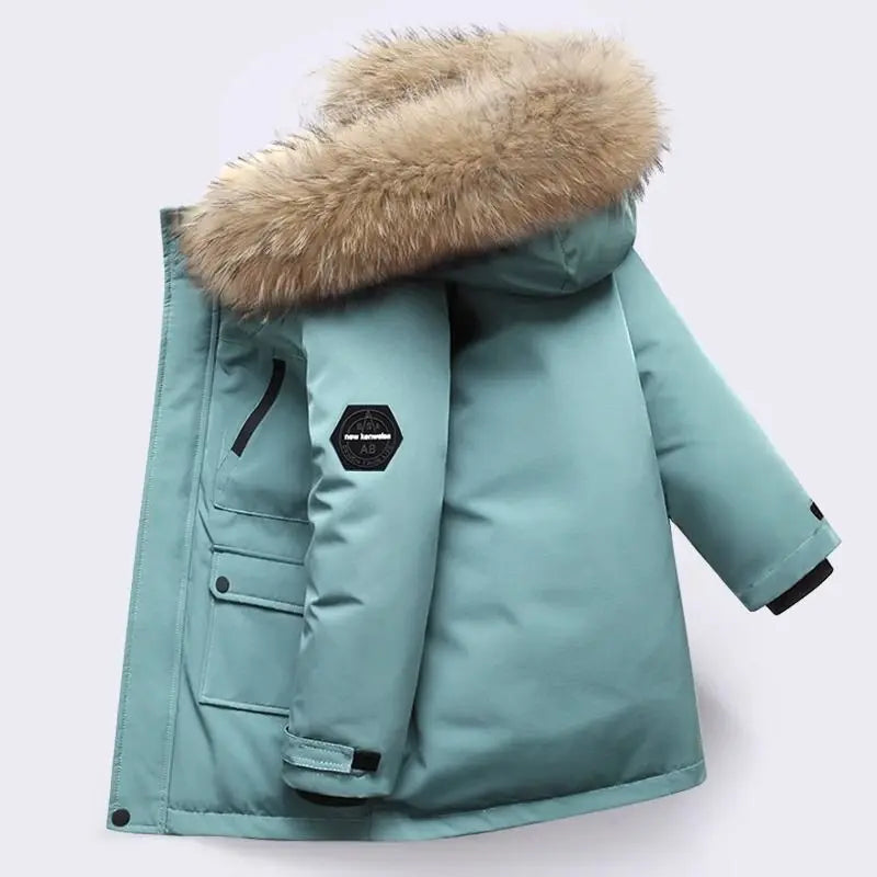 Kids’ Padded Winter Jacket – Thick Fur Collar Hooded Parka, Warm Cotton Coat for Boys & Girls