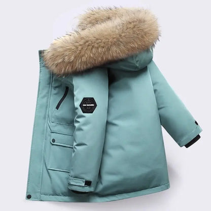 Kids’ Padded Winter Jacket – Thick Fur Collar Hooded Parka, Warm Cotton Coat for Boys & Girls
