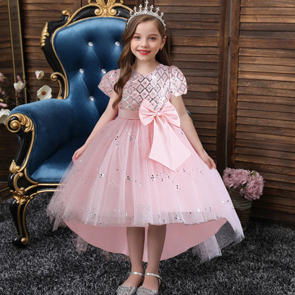Kids’ Sequin Dress – High-Low Puffy Tutu with Bow Belt