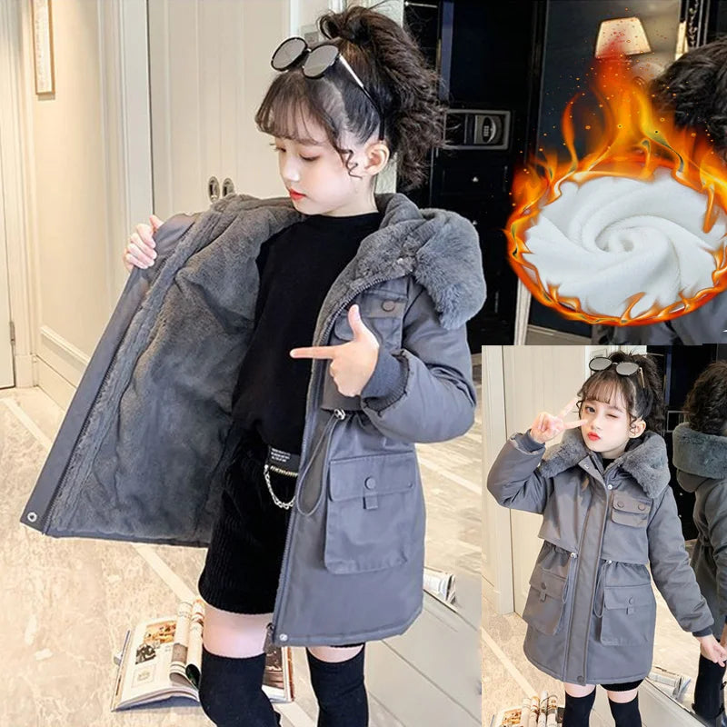 Teen Girls’ Winter Coat – Fur Collar Velvet Jacket with Hood