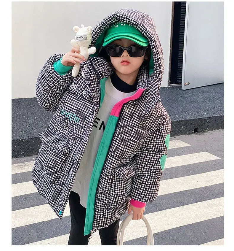 Warm Grid Design Jacket for Girls – Bonus Bear Toy 2025