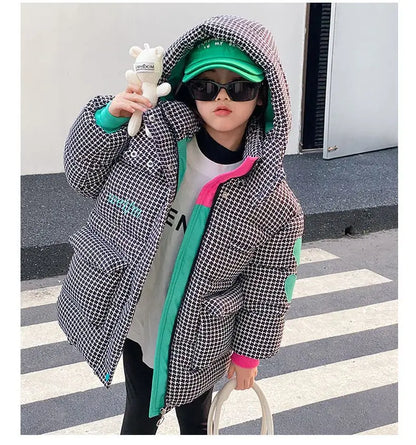 Warm Grid Design Jacket for Girls – Bonus Bear Toy 2025