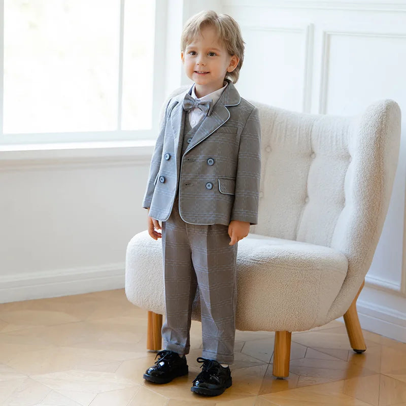 Young Boys’ Formal Outfit – British Plaid Blazer & Pants Set