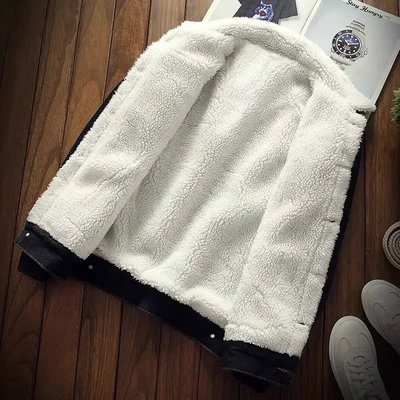 Men’s 2025 Winter Jacket – Fleece-Lined Denim with Loose Fit